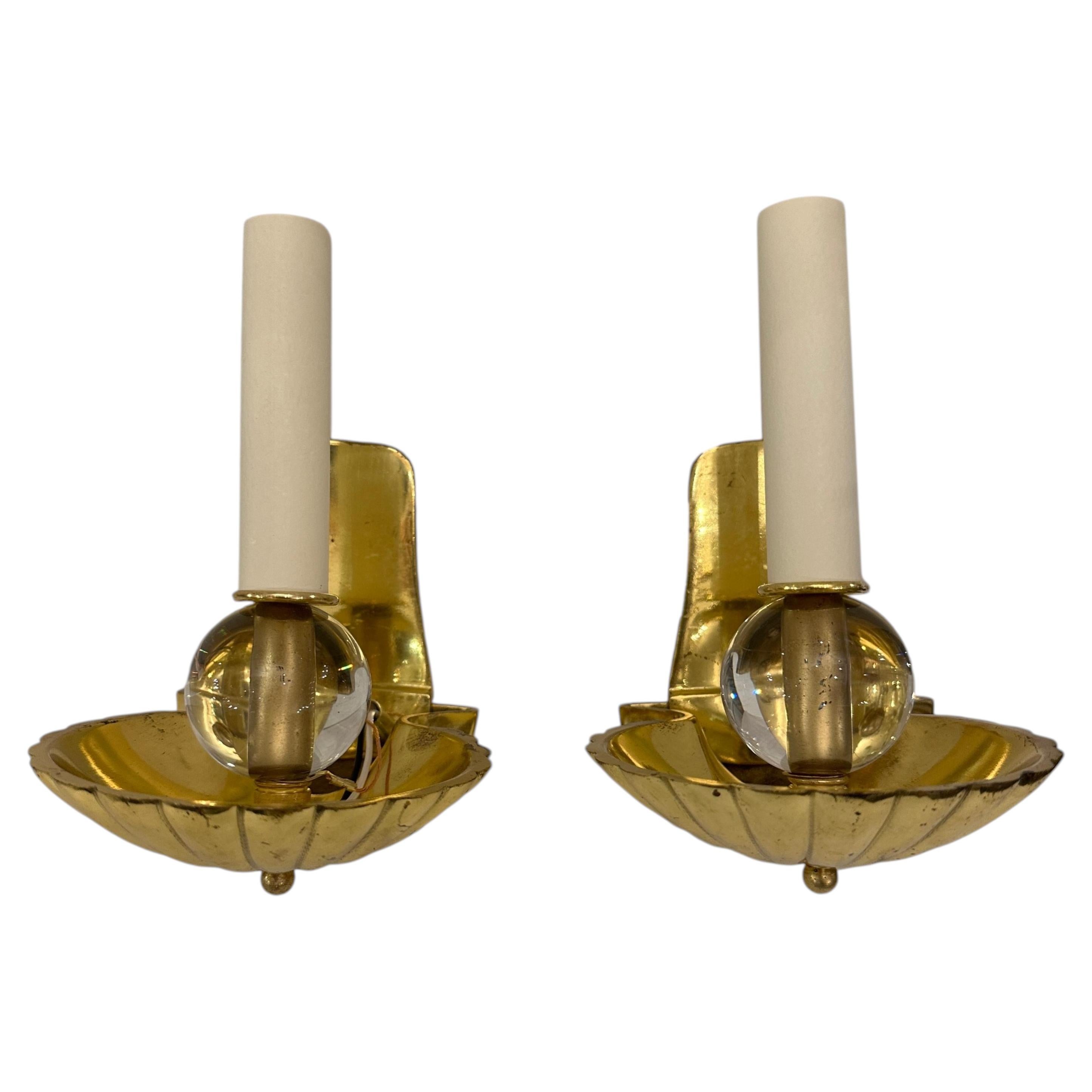 Pair of Vintage Midcentury Gilt Shell Sconces For Sale