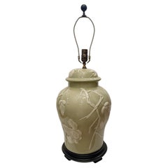 Large Celadon Porcelain Lamp with Foliage Decoration