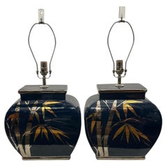 Pair of Vintage Blue and Gold Porcelain Lamps