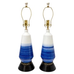 Pair of Midcentury Modern Danish Blue and white Porcelain Lamps