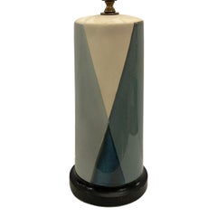 Vintage Midcentury White and Blue Porcelain Table Lamp