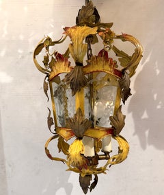 Pair of Antique Venetian Painted Floral Lanterns. Sold Individually.