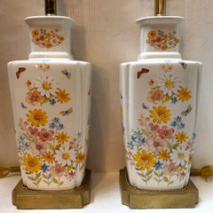 Pair of Vintage French Butterfly and Floral Porcelain Table lamps