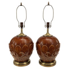 Pair of Midcentury Amber Glazed Porcelain Lamps