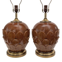 Pair of Midcentury Amber Glazed Porcelain Lamps