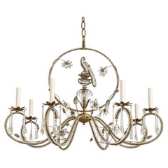 Large Vintage Gilt Chandelier with Birds and Crystal Flowers