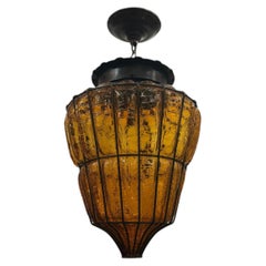 Vintage Amber Crackled Glass and Iron Lantern
