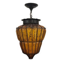 Vintage Amber Crackled Glass and Iron Lantern