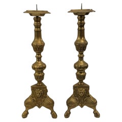Pair of Vintage Bronze Candlesticks with Lions