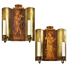 Pair of Vintage Art Deco Marquetry Wood Sconces