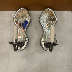 Pair of Vintage English Etched Mirror Sconces
