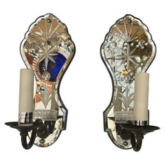 Pair of Vintage English Etched Mirror Sconces
