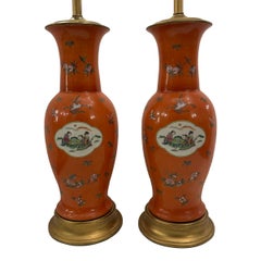 Pair of Large Vintage Orange Chinese Lamps