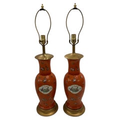 Pair of Large Vintage Orange Chinese Lamps