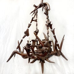 Vintage Carved Wood Antler Chandelier