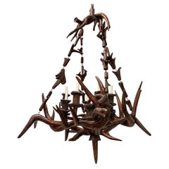 Vintage Carved Wood Antler Chandelier