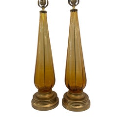 Pair of Midcentury Amber Glass Table Lamps