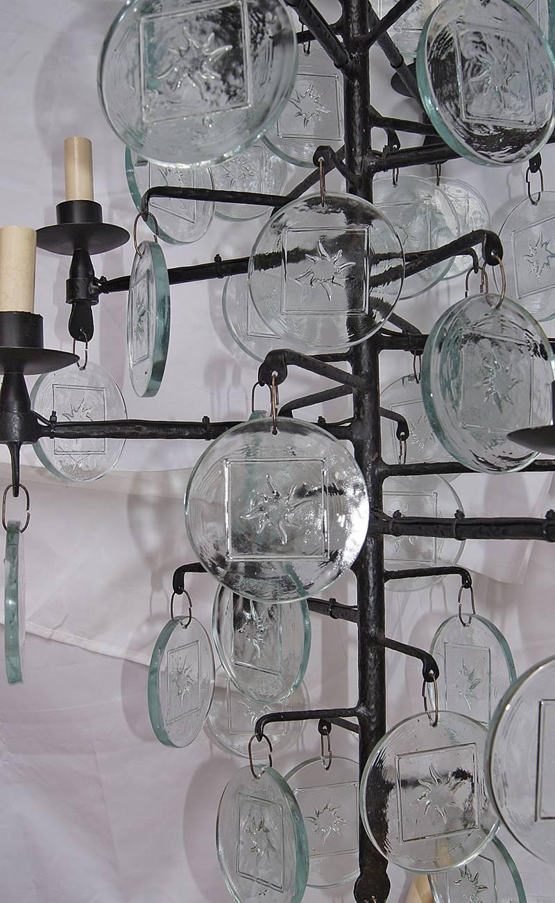 Pair of Wrought Iron and Molded Glass Chandeliers. Sold Individually. In Good Condition In New York, NY