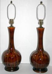 Pair of Large Brown Glazed Ceramic Lamps