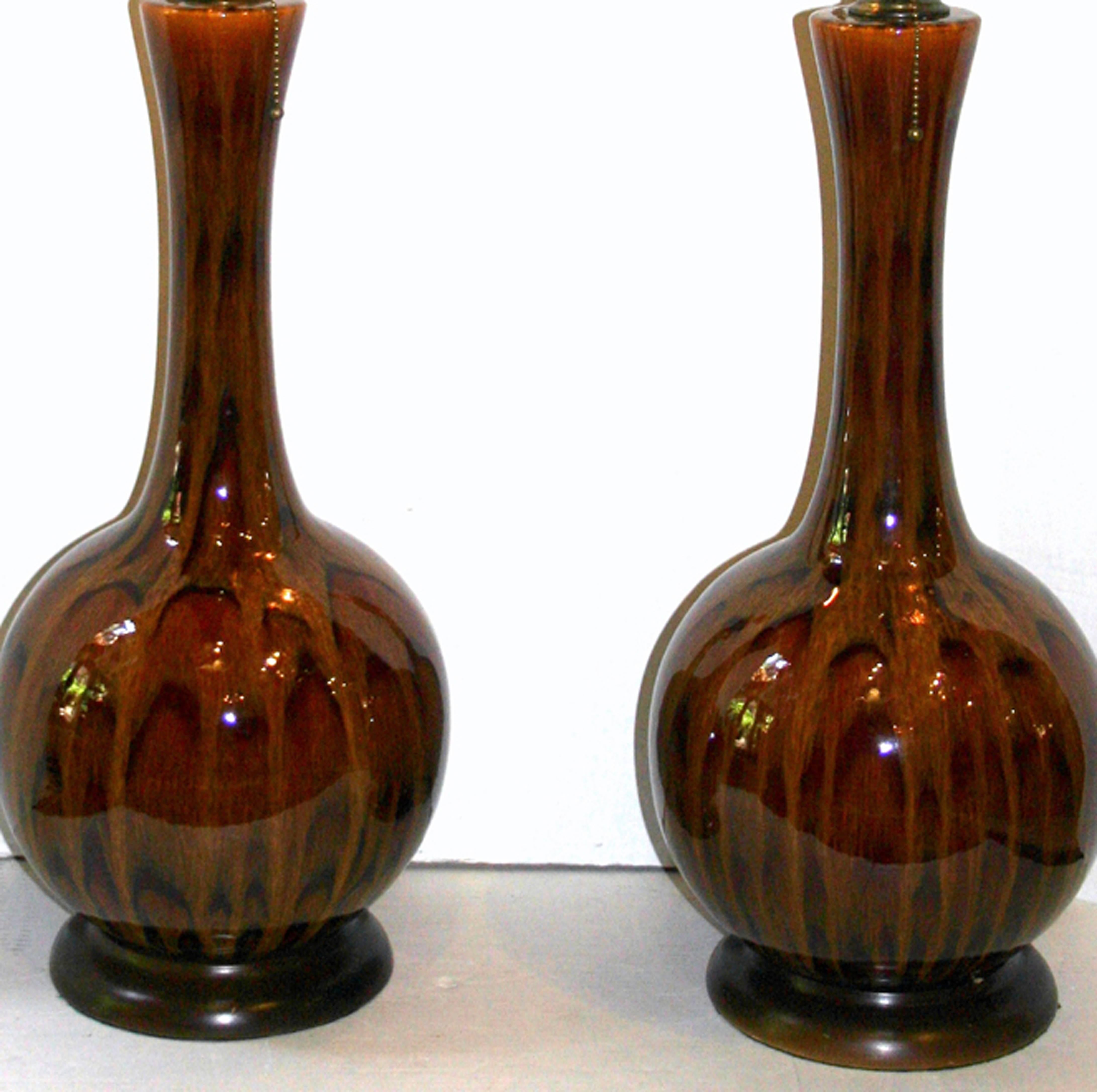 Italian Pair of Large Brown Glazed Ceramic Lamps For Sale