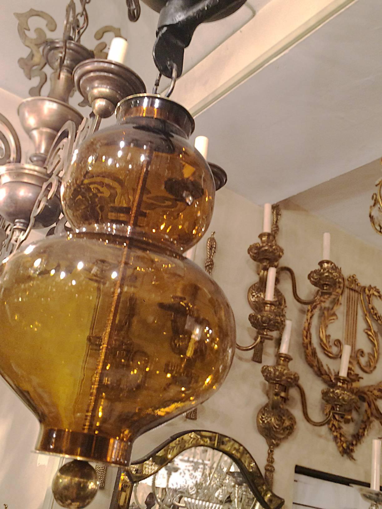 Large Wrought Iron Chandelier with Glass Elements In Good Condition For Sale In New York, NY