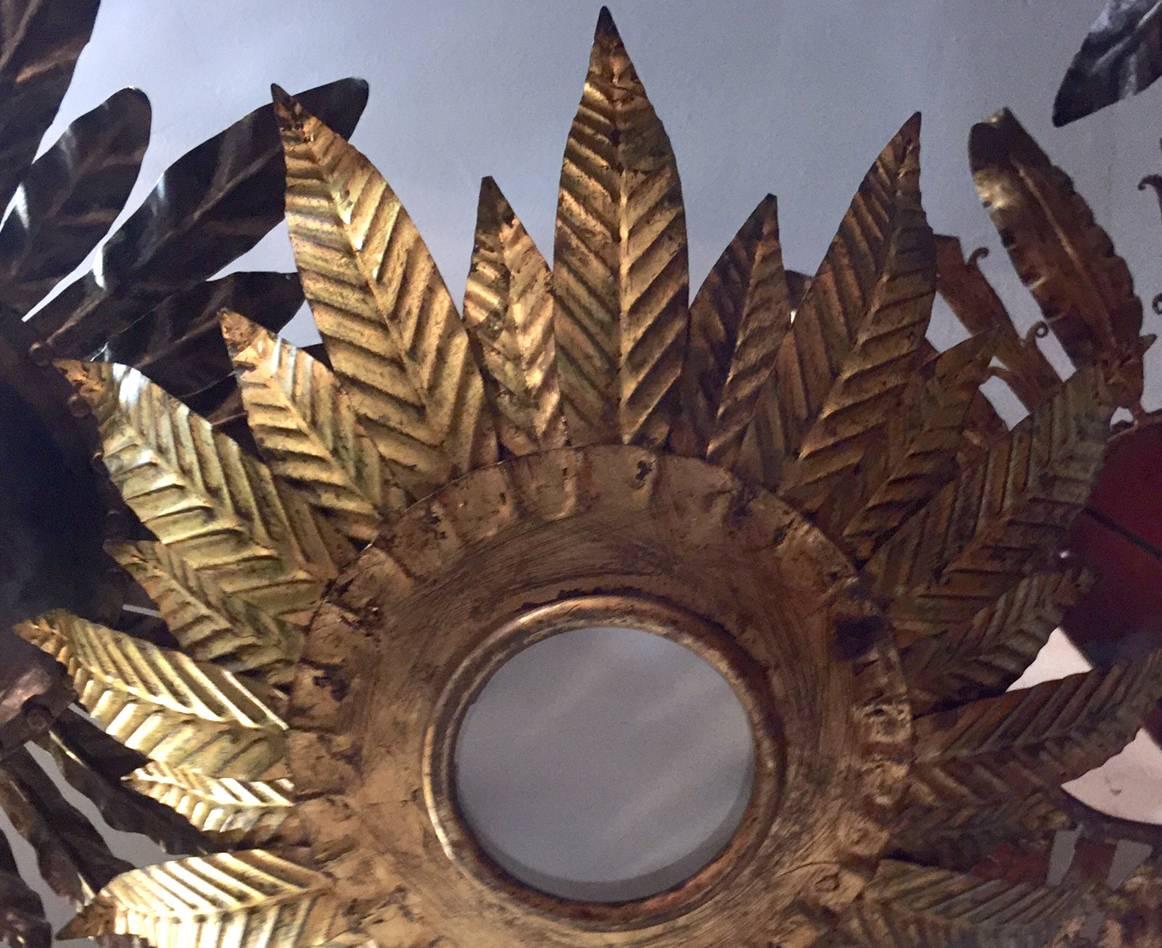 French Gilt Metal Sunburst Light Fixture