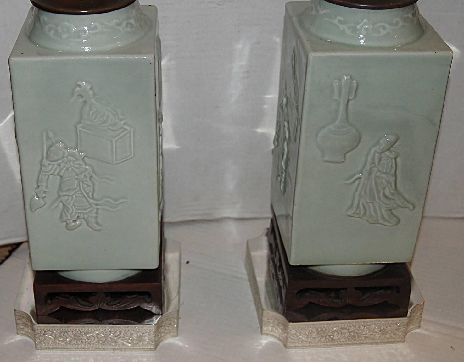 Chinoiserie Pair of Chinese Celadon Table Lamps