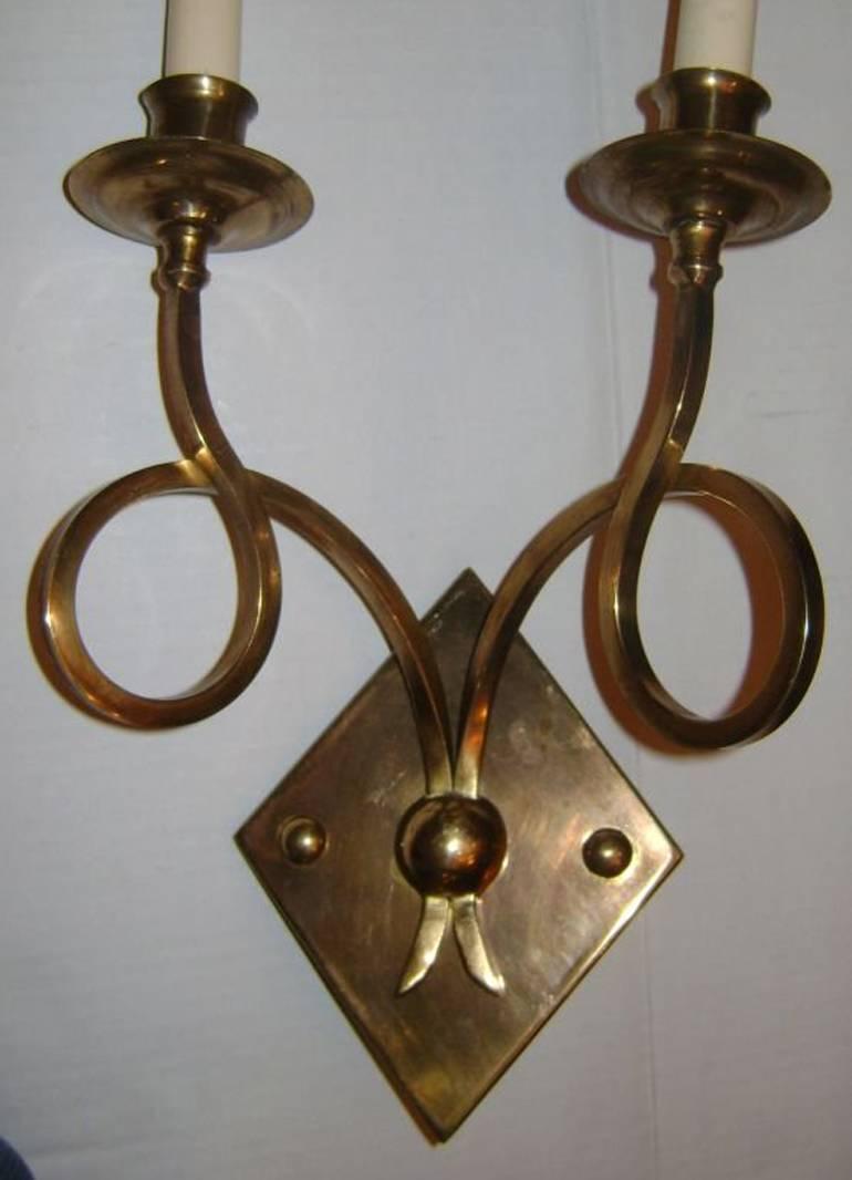 Pair of Moderne Gilt Bronze Sconces For Sale 1