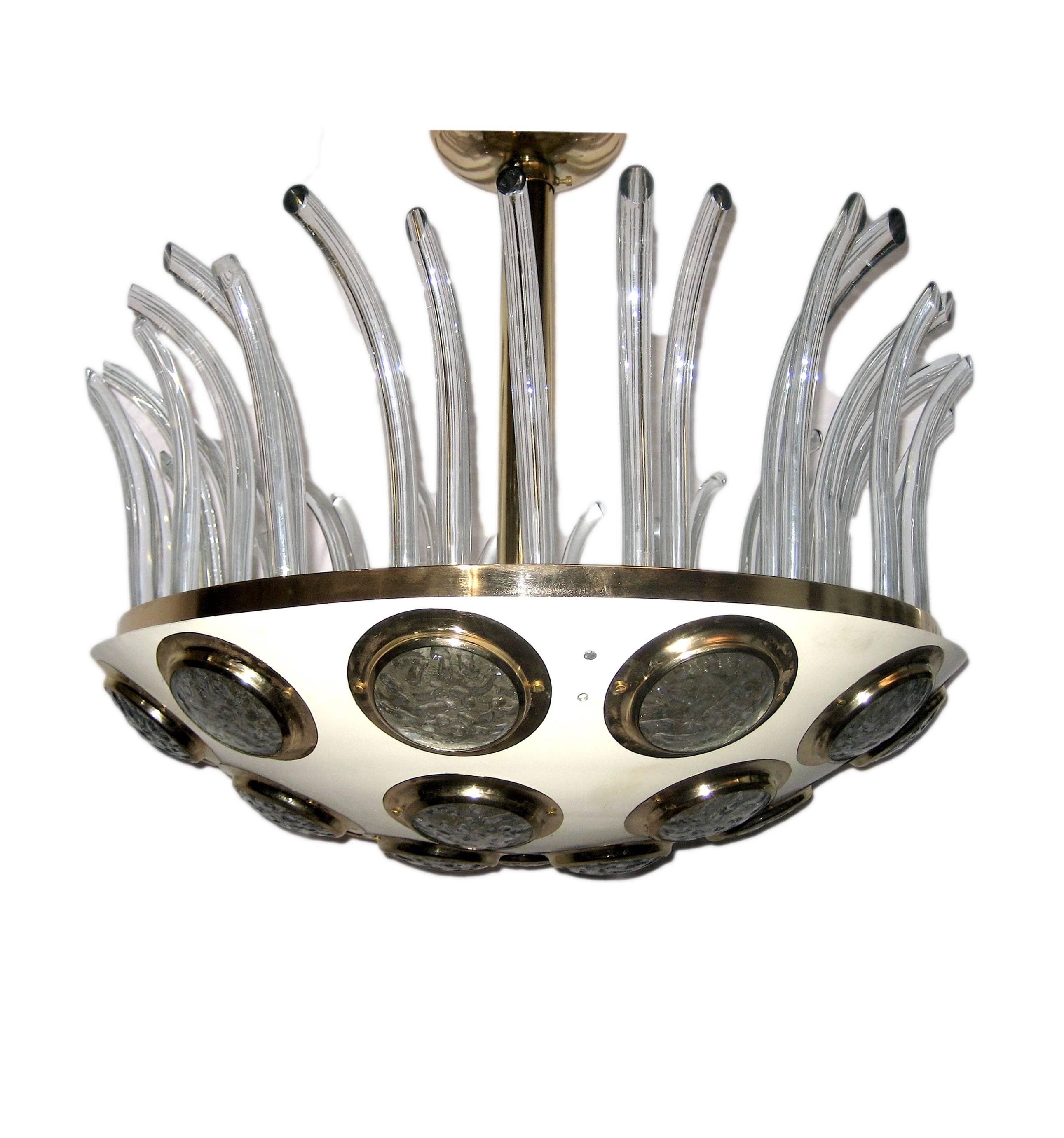 Gilt Moderne Italian Light Fixture with Glass Insets For Sale
