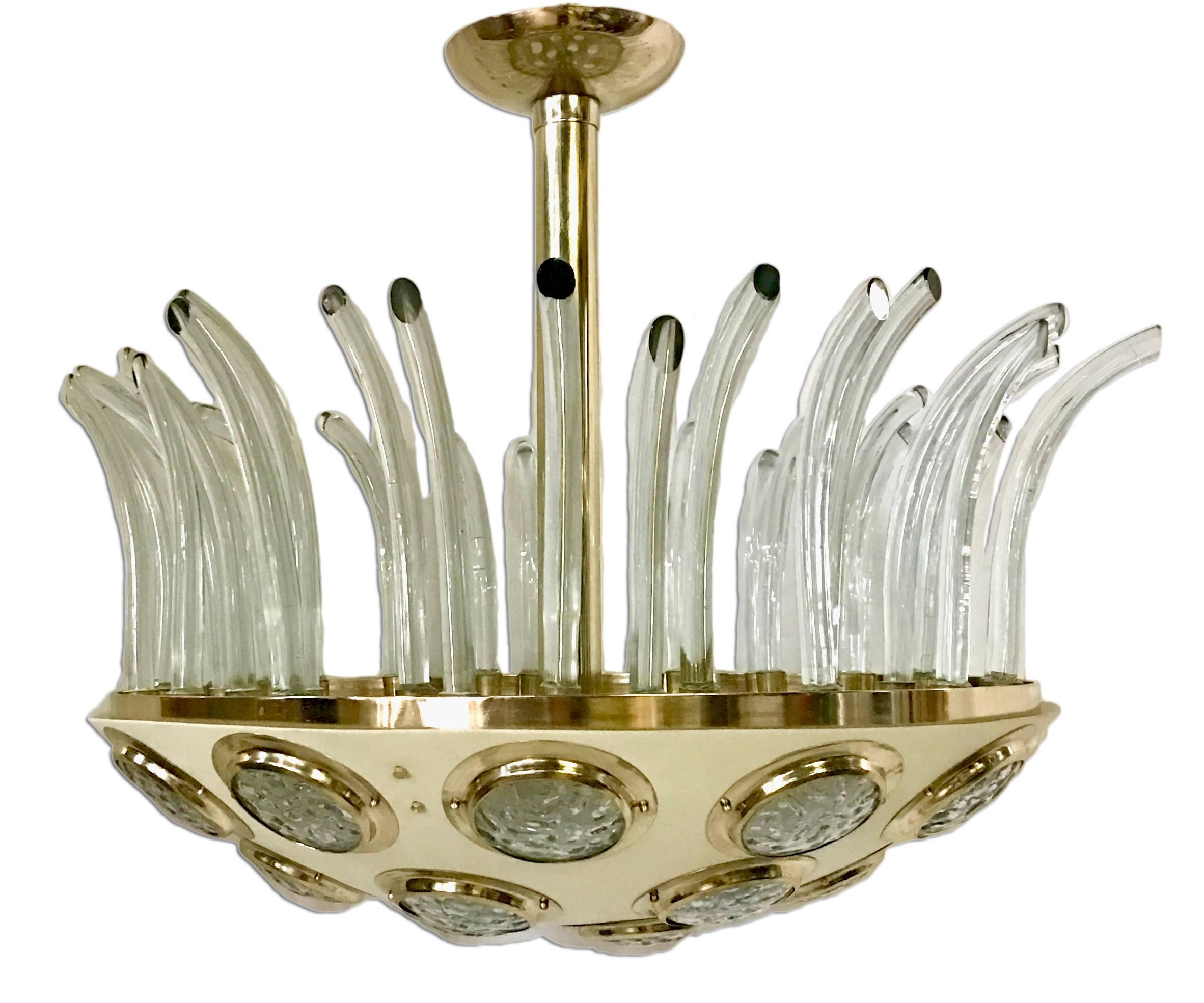 Circa 1960’s Italian Moderne light fixture, gilt with painted body. Glass insets on body and glass decorative elements.  6 interior  Edison lights.
Measurements:
Diameter: 33