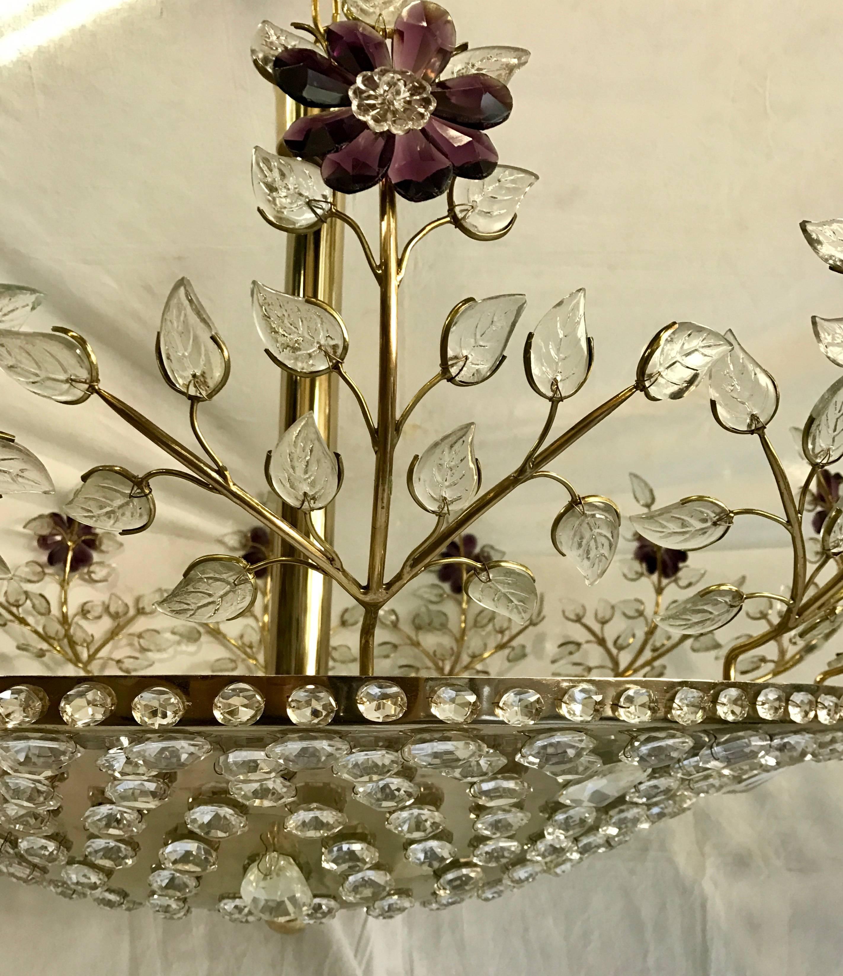 Mid-20th Century Large Gilt Fixture with Amethyst Crystal Flowers For Sale