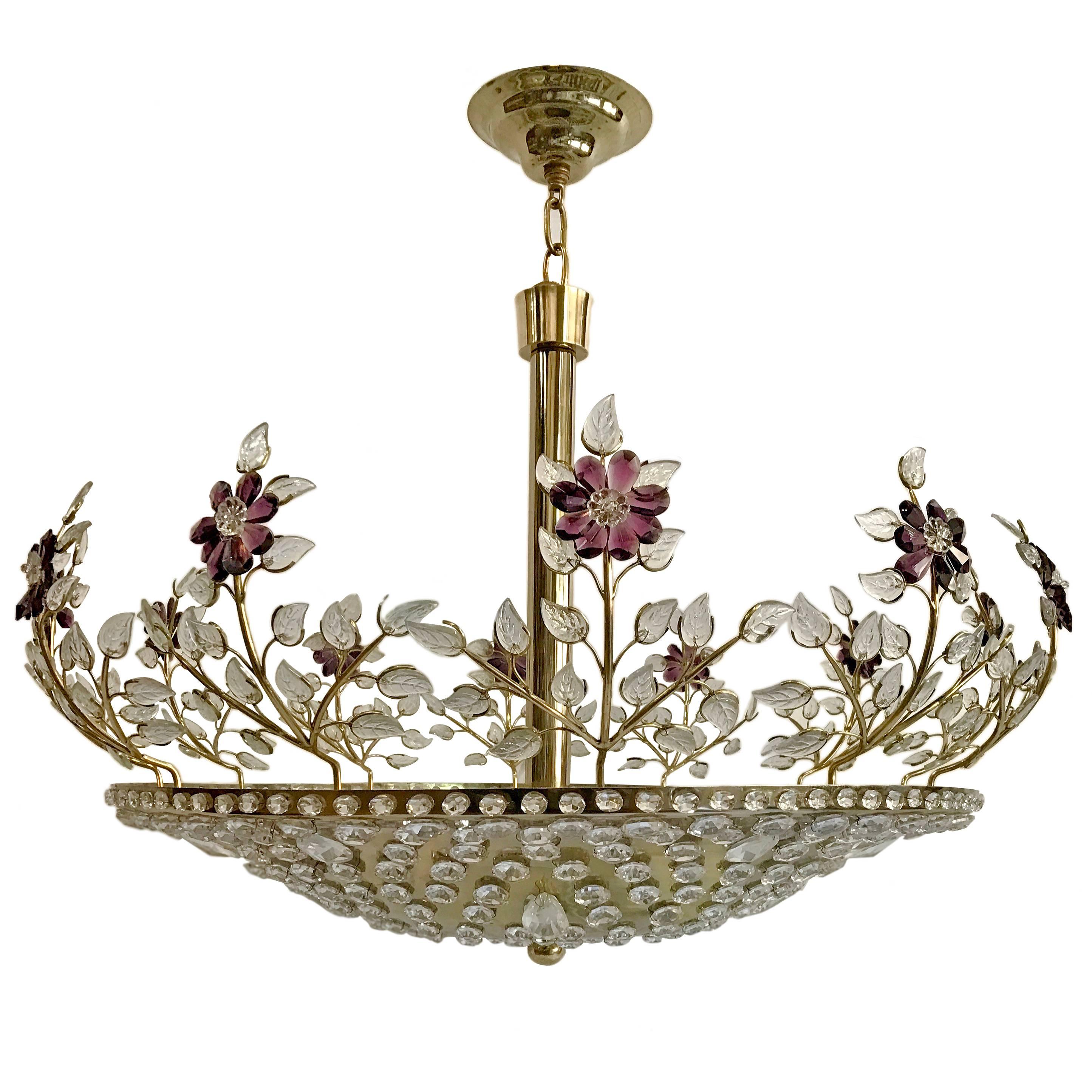 French gilt light fixture with molded glass leaves and amethyst flowers and crystal insets, circa 1940s. Interior lights. 

Measurements:
Current drop: 37.5"
diameter: 42 .5"