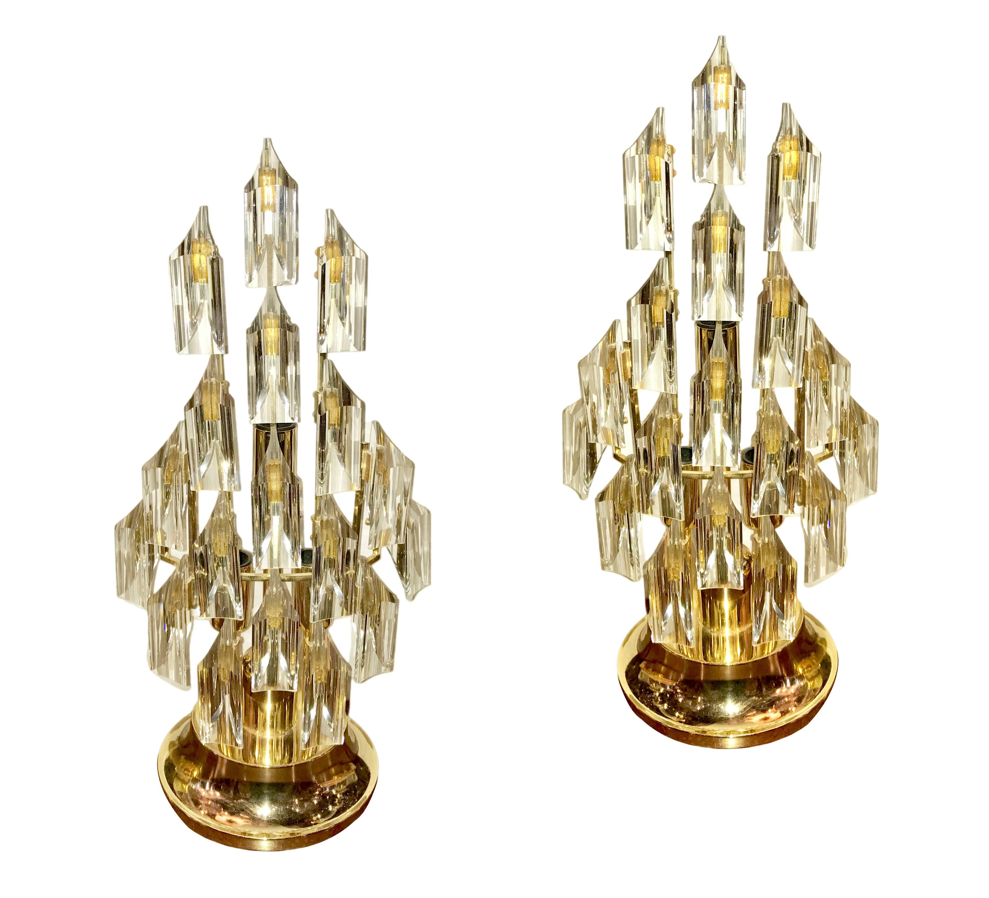 Pair of 1960s Italian gilt table lamps with crystal insets, three interior lights

Measurements:
19