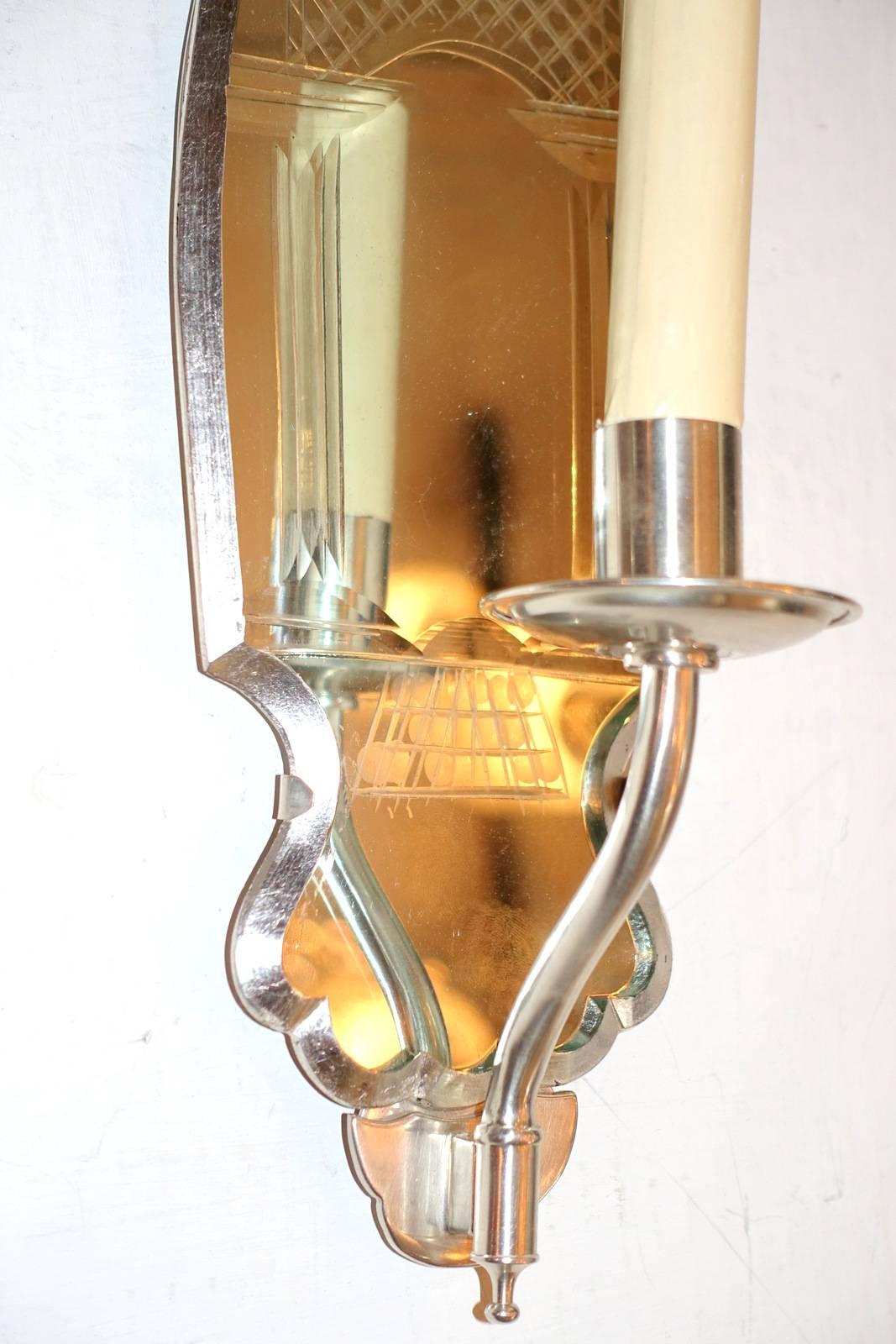 French Set of Four Silver and Mirror Sconces, Sold in Pairs For Sale