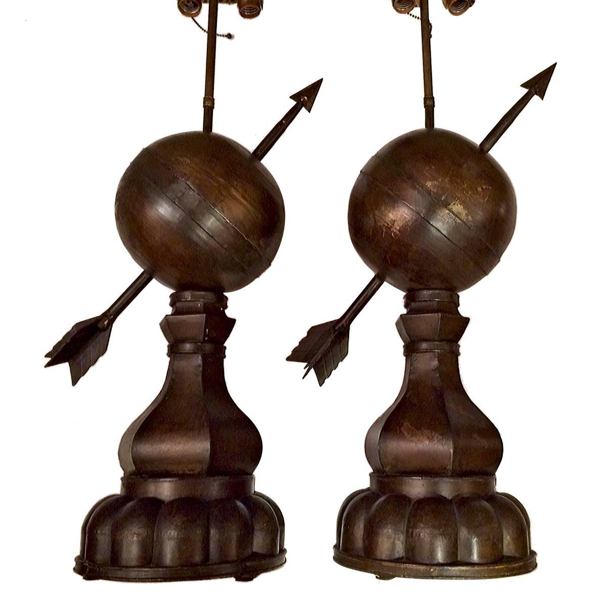 Pair of Large Armillary Globe Lamps For Sale