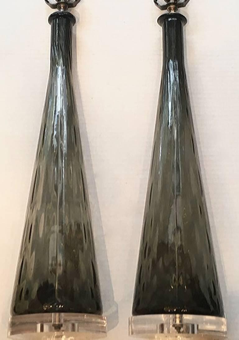 Molded Pair of Smoke Glass Murano Lamps For Sale