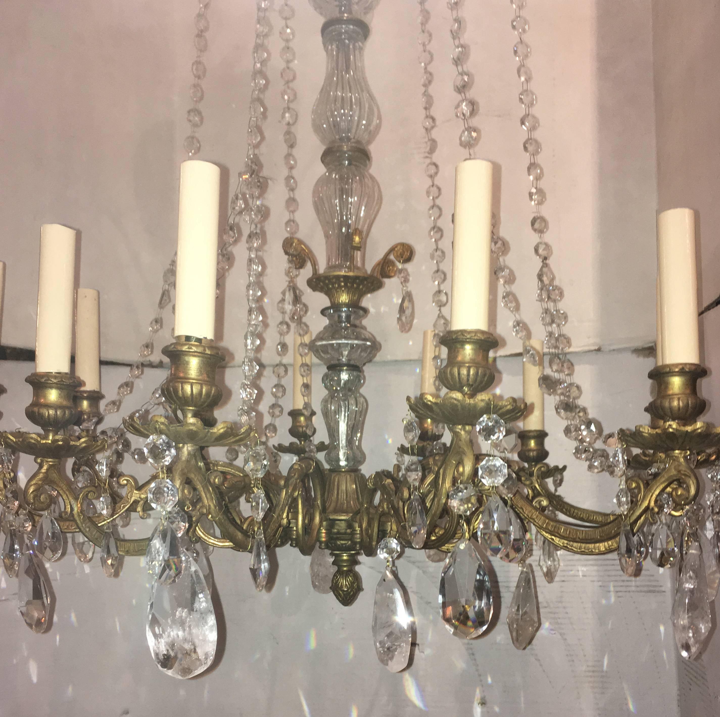 Bronze English Gilt and Rock Crystal Chandelier For Sale