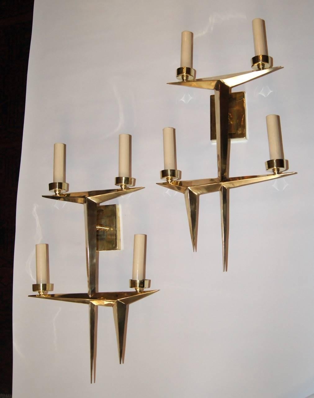 Bronze Pair of Four-Light Moderne Sconces For Sale