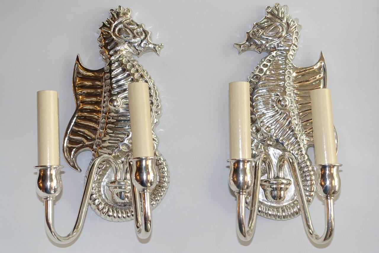 Pair of Silver Plated Sea Horse Sconces In Excellent Condition For Sale In New York, NY