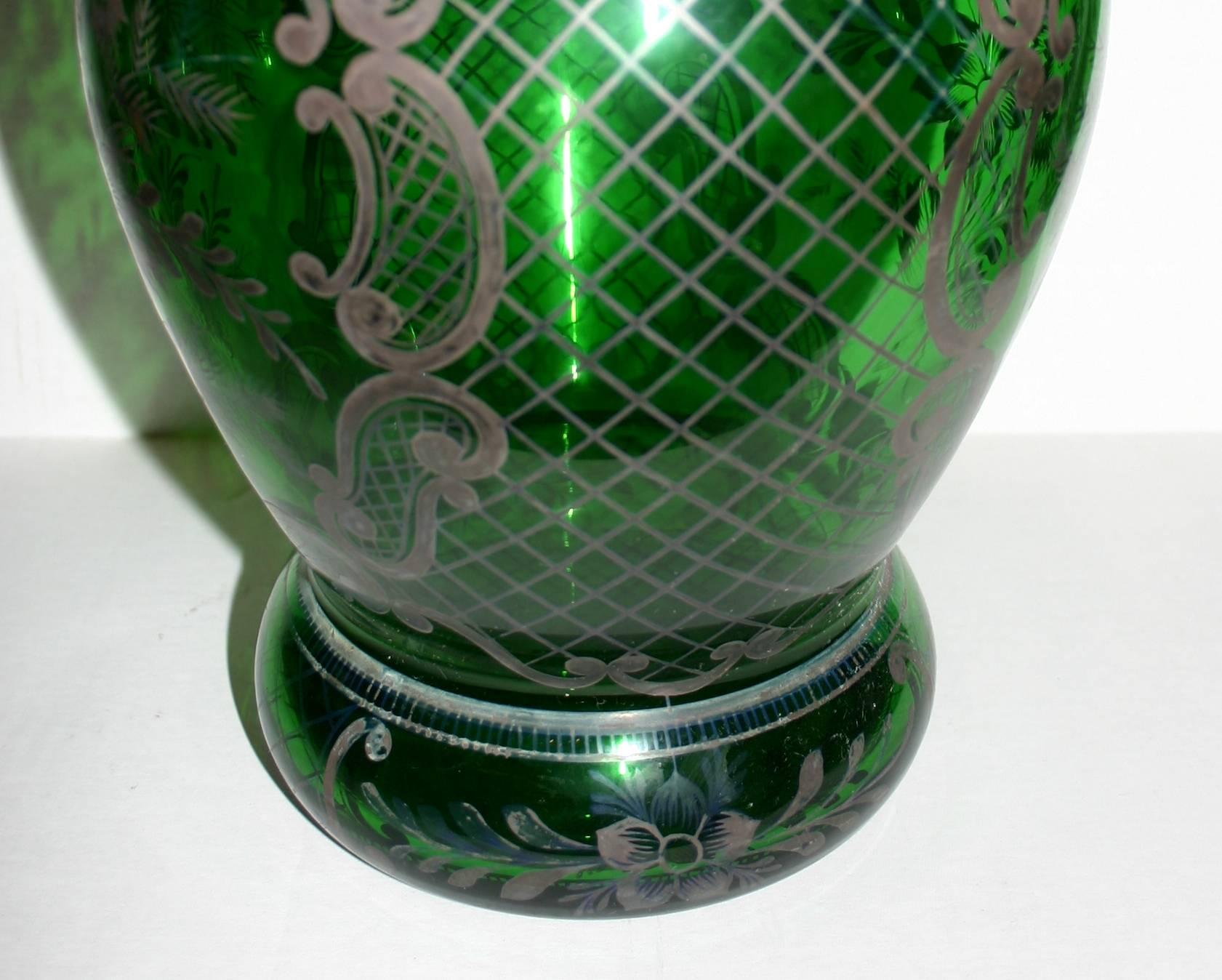 Mid-20th Century Pair of Green Glass Vases with Silver Inlay