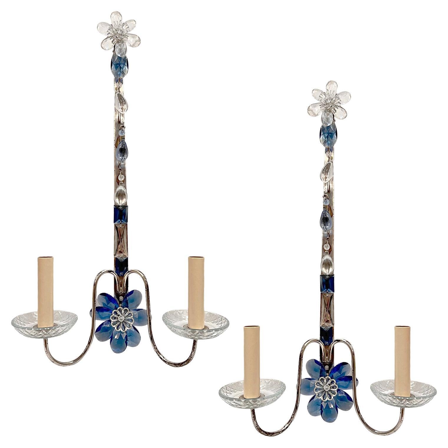 Set of Silver Plated Sconces With Blue Crystals, Sold per Pair