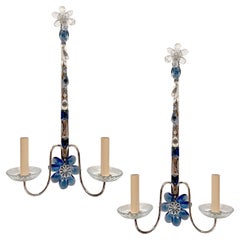 Vintage Set of Silver Plated Sconces With Blue Crystals, Sold per Pair