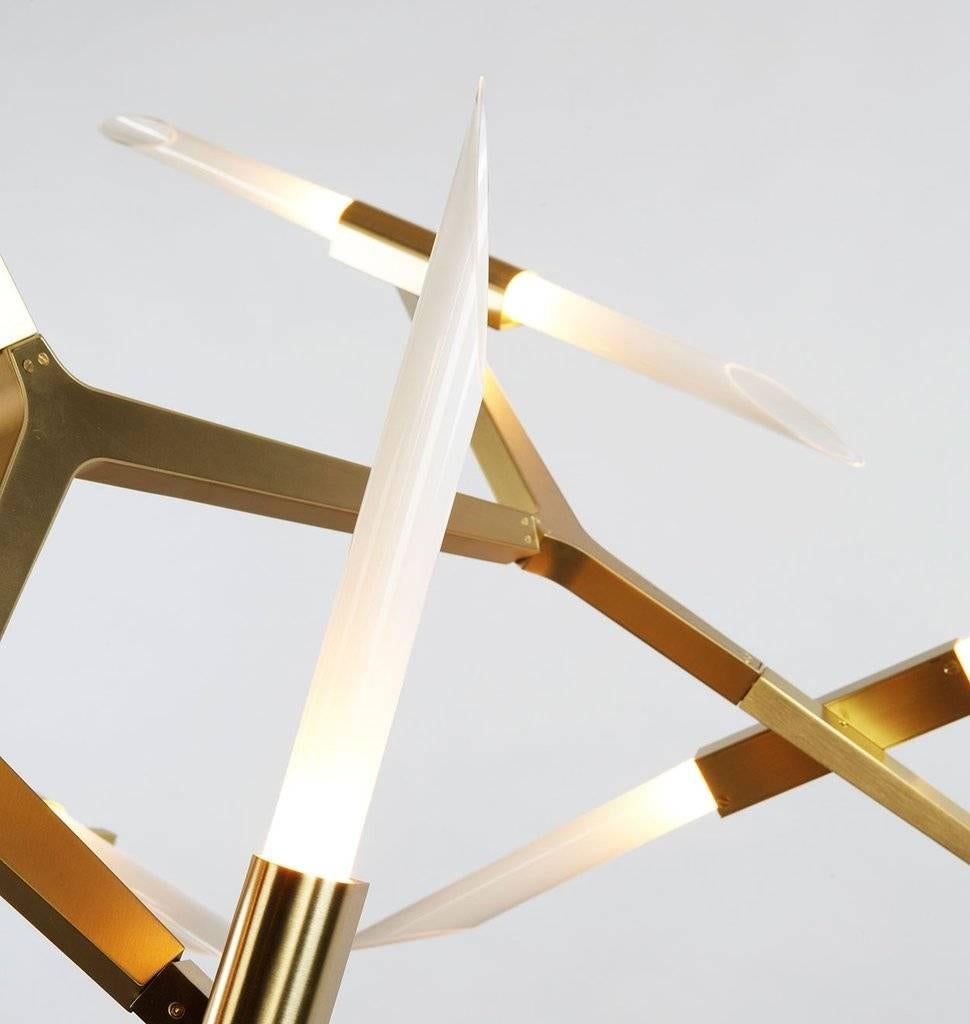 A modular metal structure, with articulated joints that allow the bulbs to be rotated and arranged in a multitude of ways, Agnes’s glowing, glass tubes were inspired by the light’s origins as a candelabra.

Polished nickel and brushed brass options