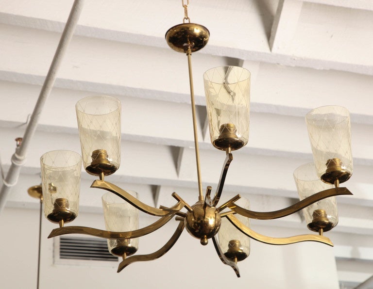 Mid Century Seven-Arm Polished Brass Chandelier