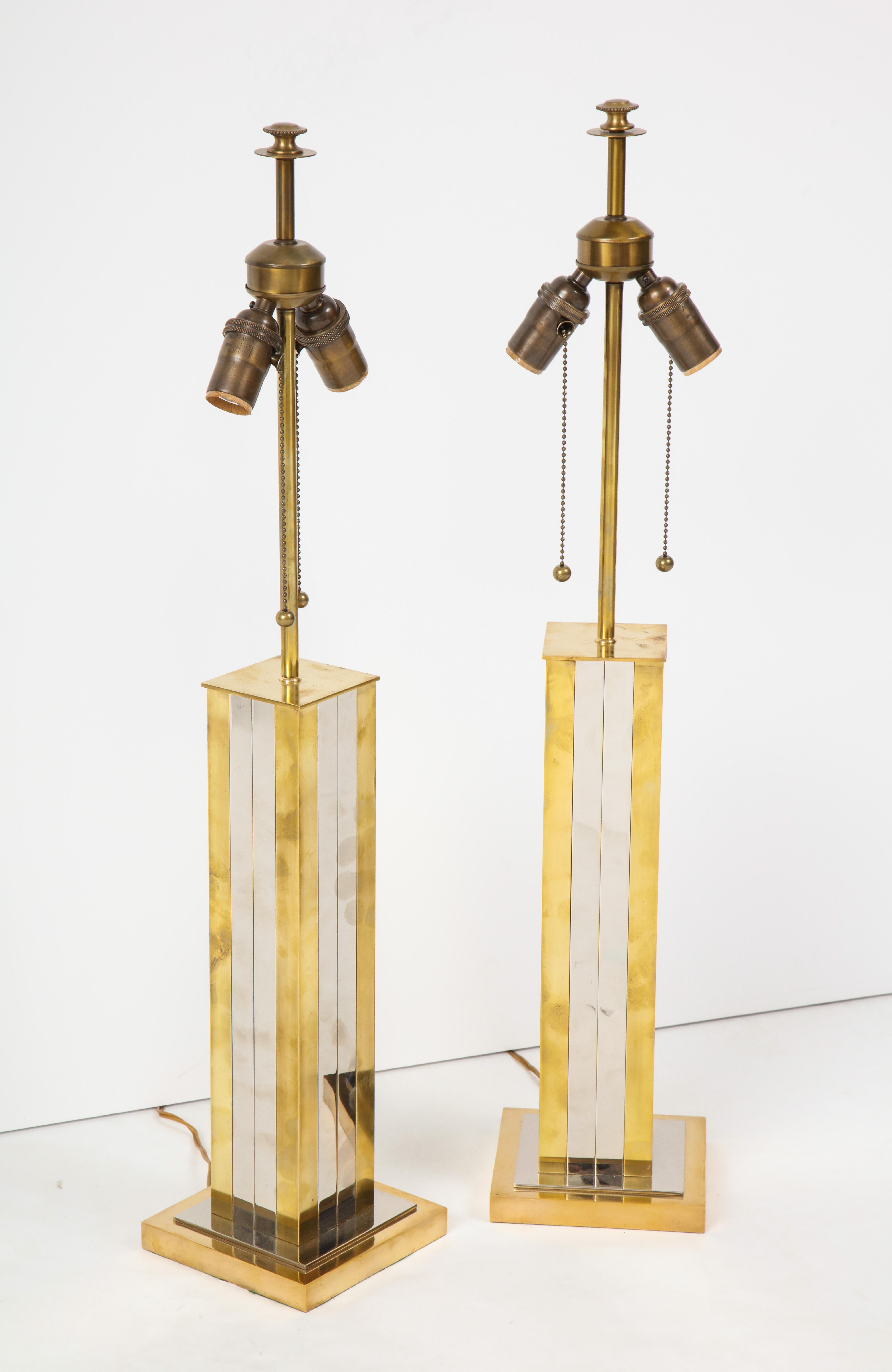 Pair of Mid-20th Century Brass and Chrome Column Lamps 1