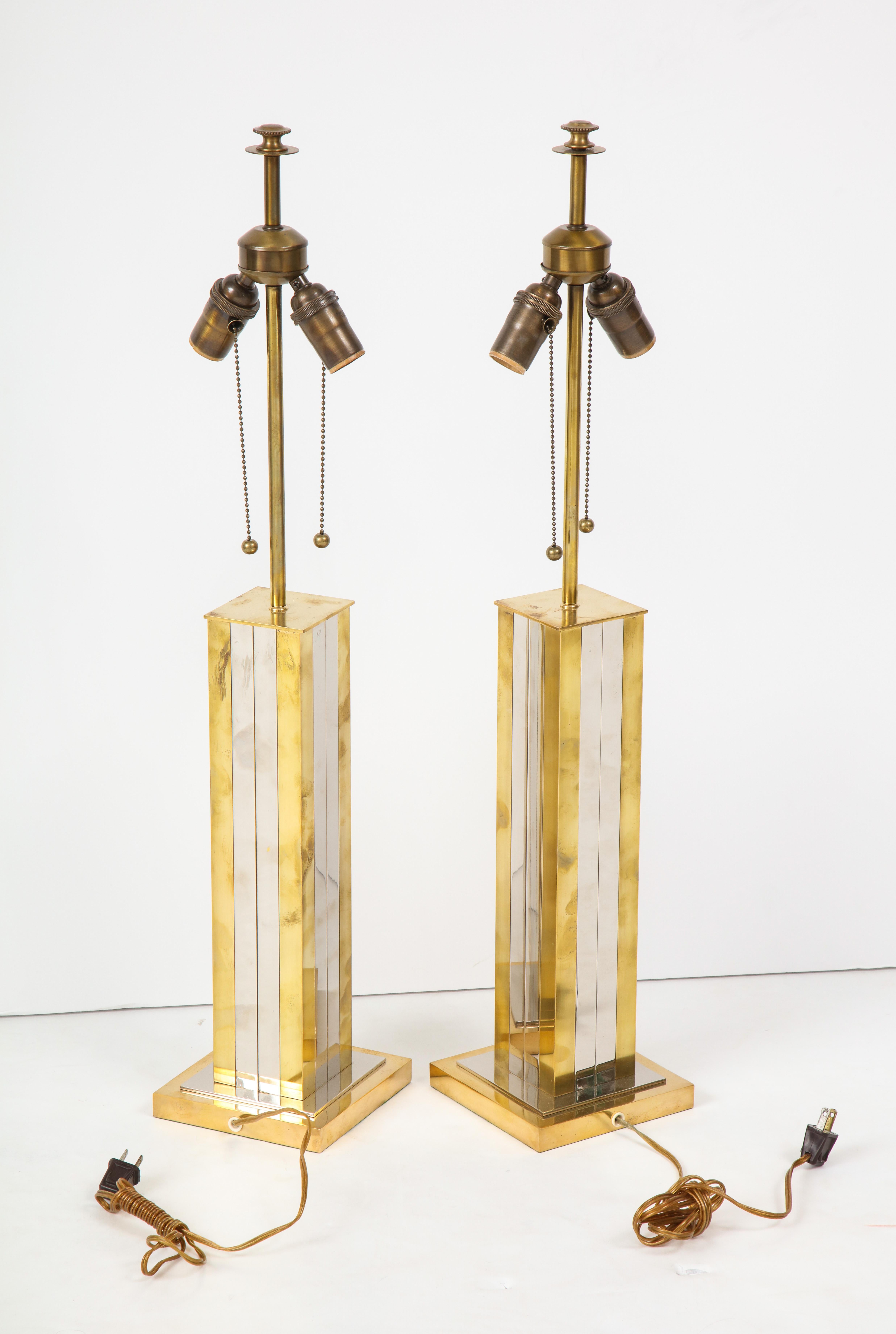 Pair of Mid-20th Century Brass and Chrome Column Lamps 3