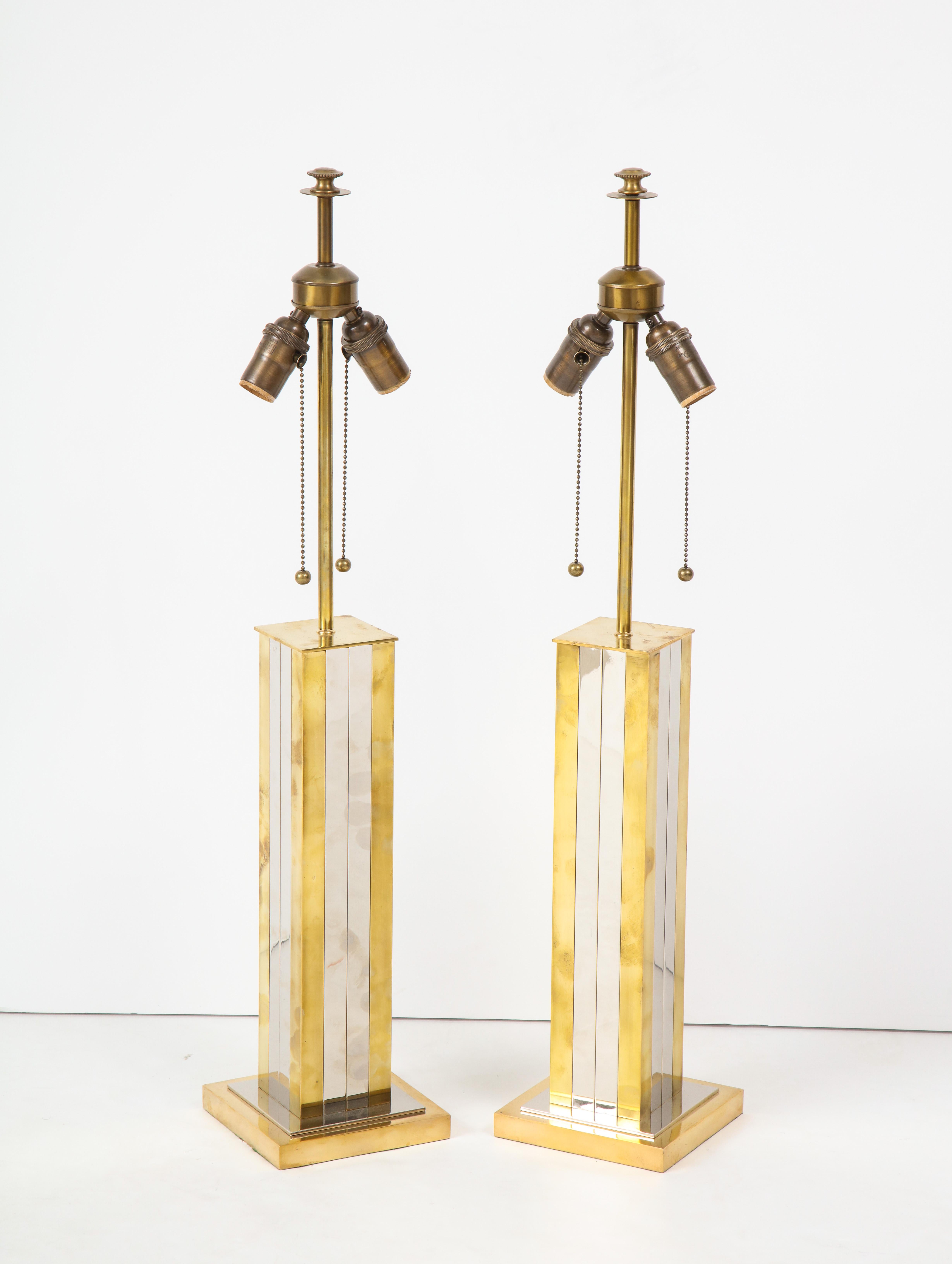 Italian Pair of Mid-20th Century Brass and Chrome Column Lamps