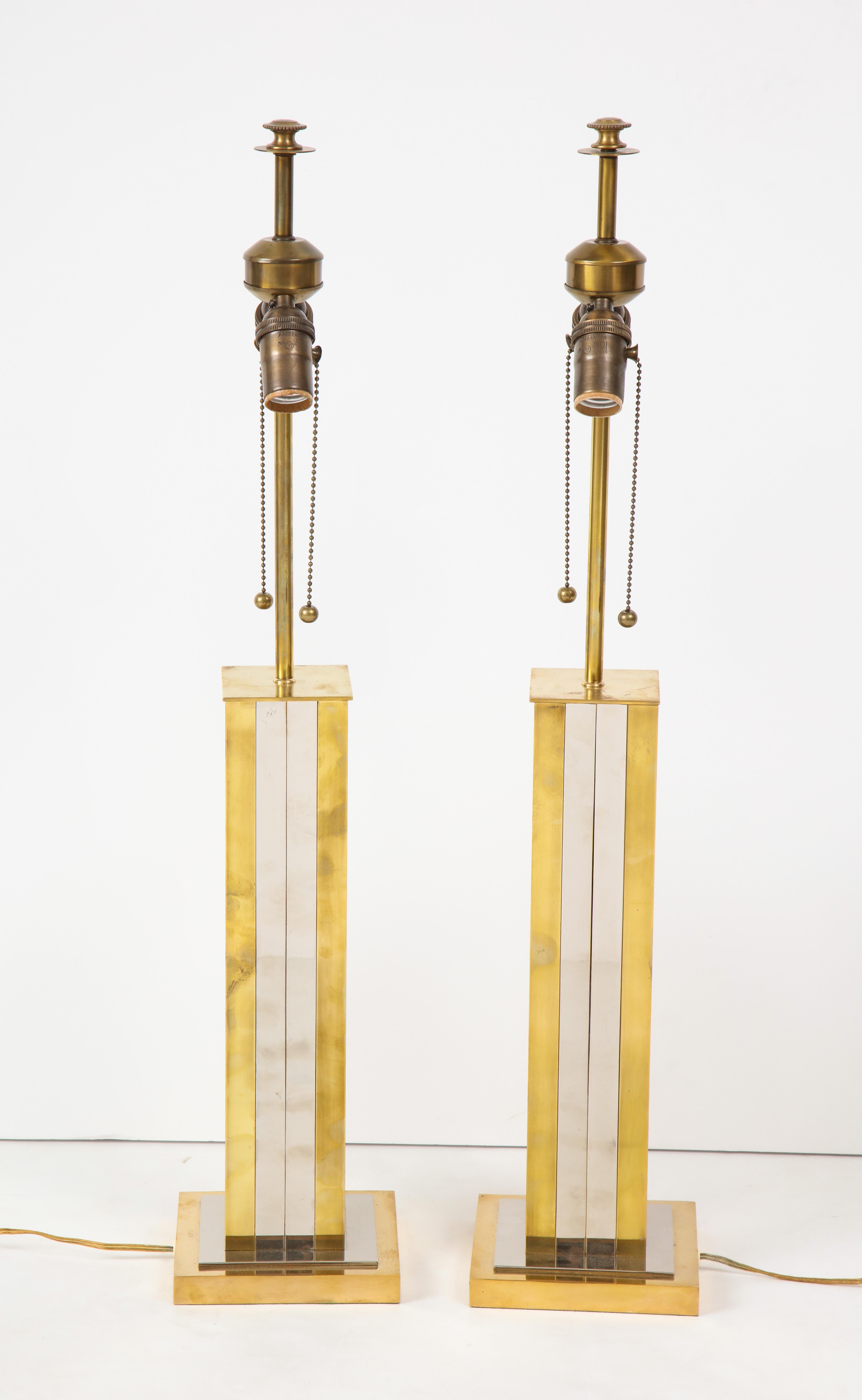 Pair of Mid-20th Century Brass and Chrome Column Lamps 2