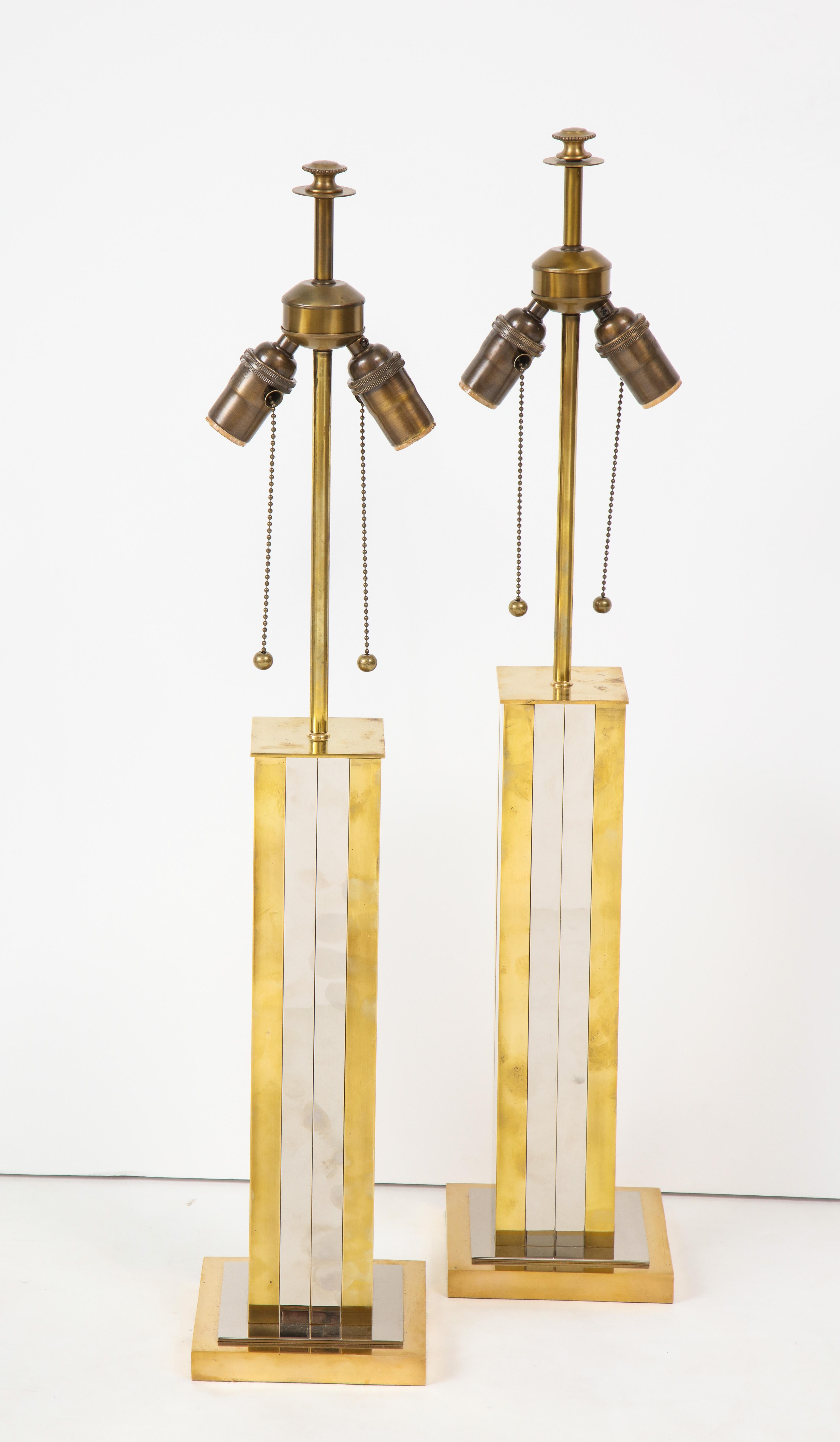 Pair of Mid-20th Century Brass and Chrome Column Lamps 4
