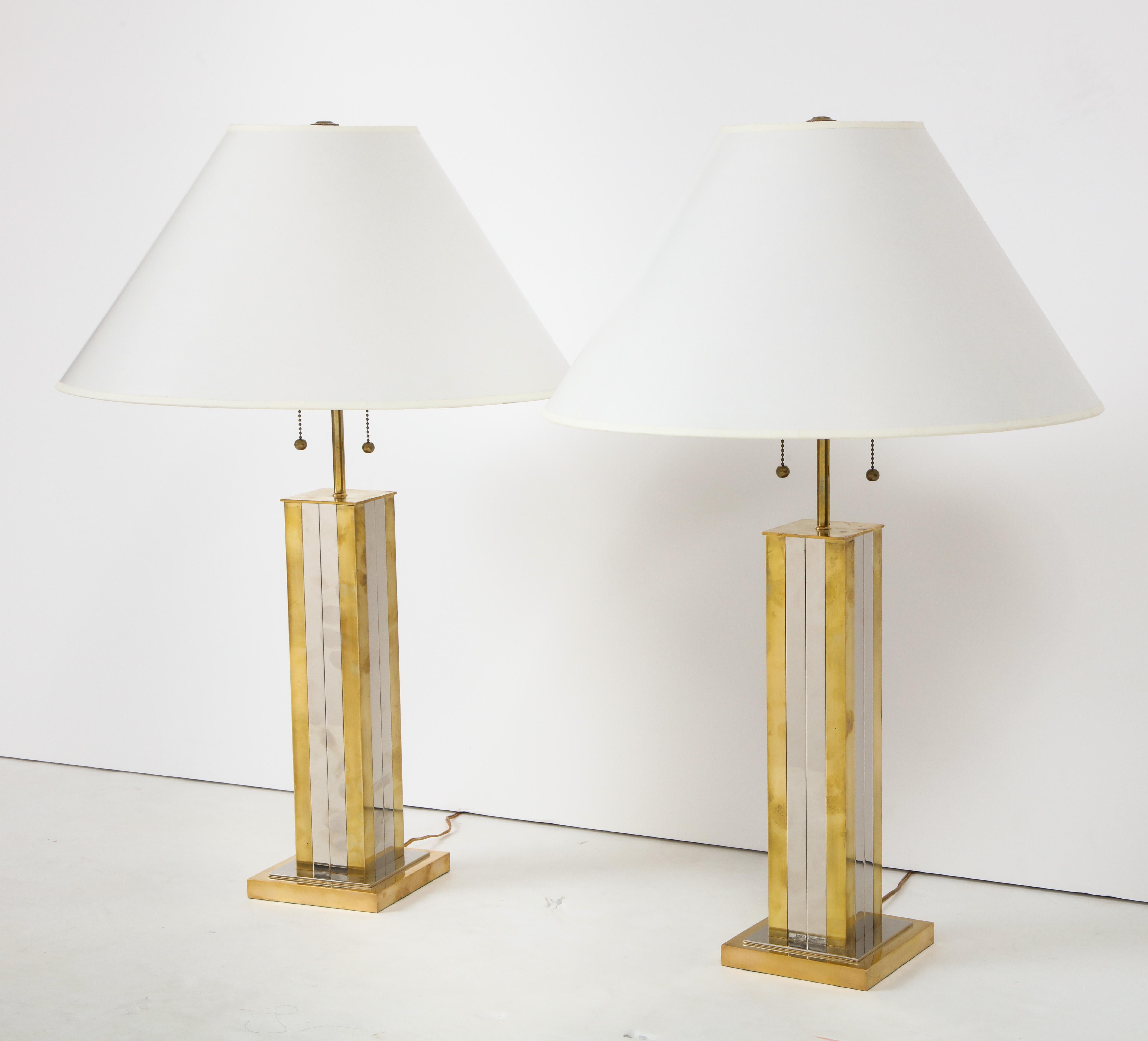 Pair of Mid-20th Century Brass and Chrome Column Lamps 6